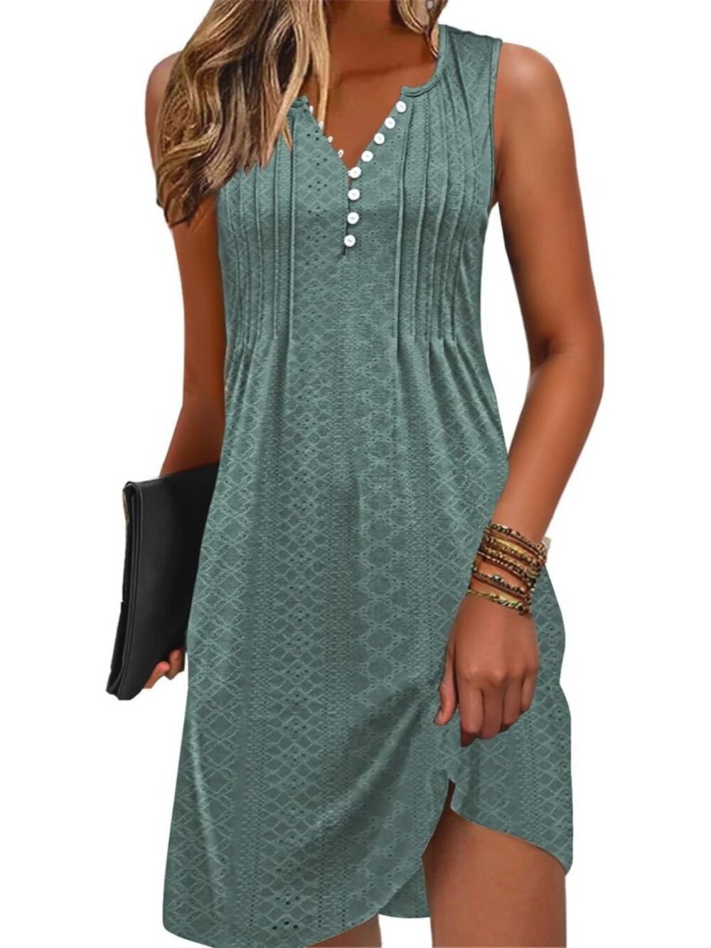 Women's Lace Green Swim Cover up V-Neck Summer Button Sleeveless Mini Dress